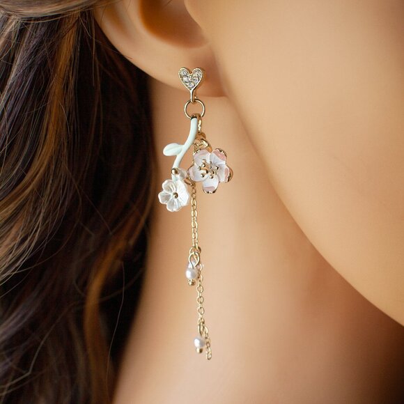 Handmade Sakura Flower Dangle MisMatch Earrings - Picture 2 of 6